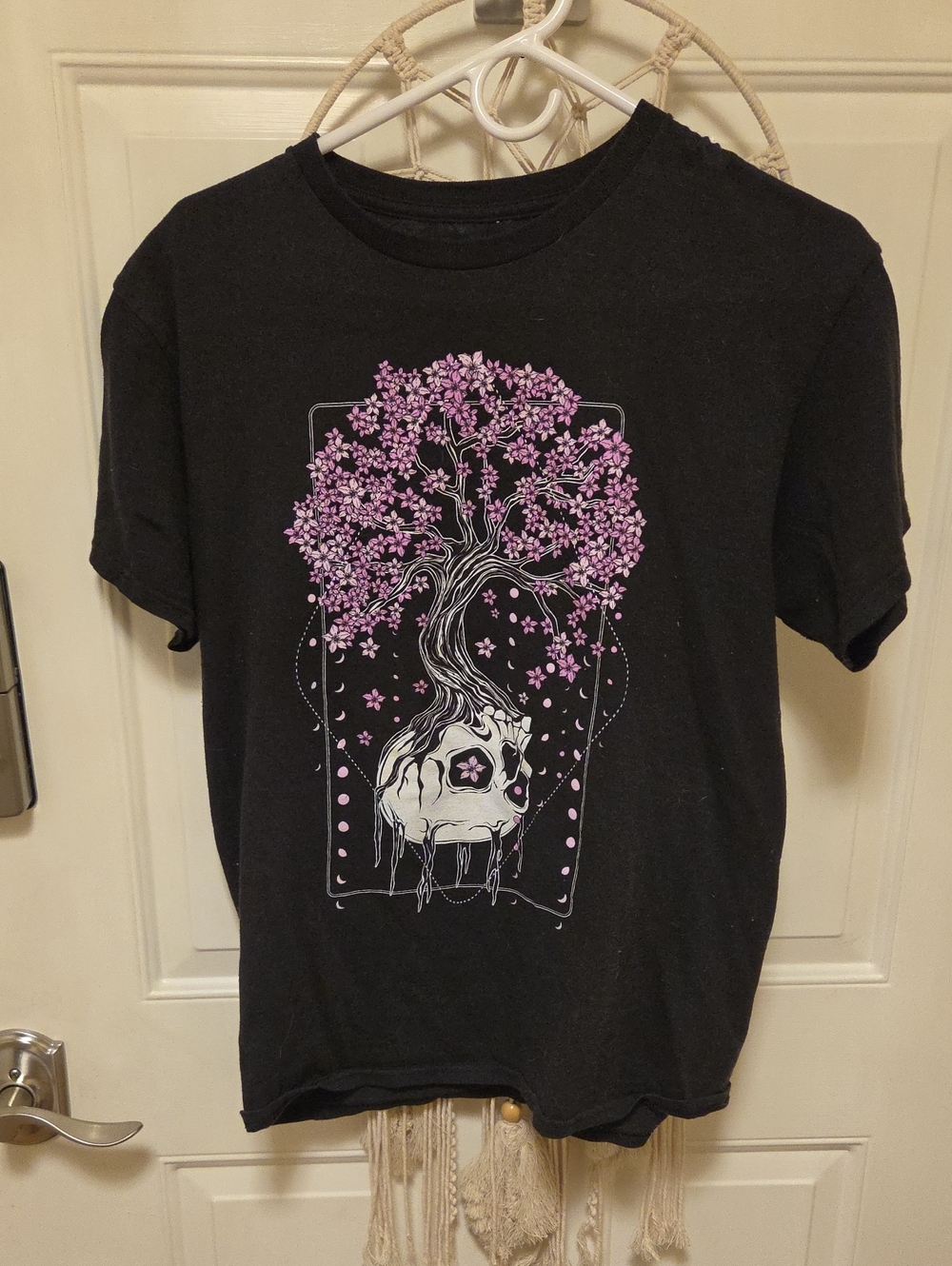 Threadless Black Tee with Pink Blossom Skull Tree
